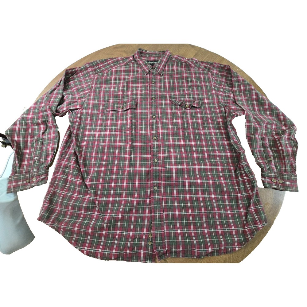 Eddie Bauer Shirt Men's‎ 2XL Green Red Plaid Vintage Button Pockets Flannel XXL
